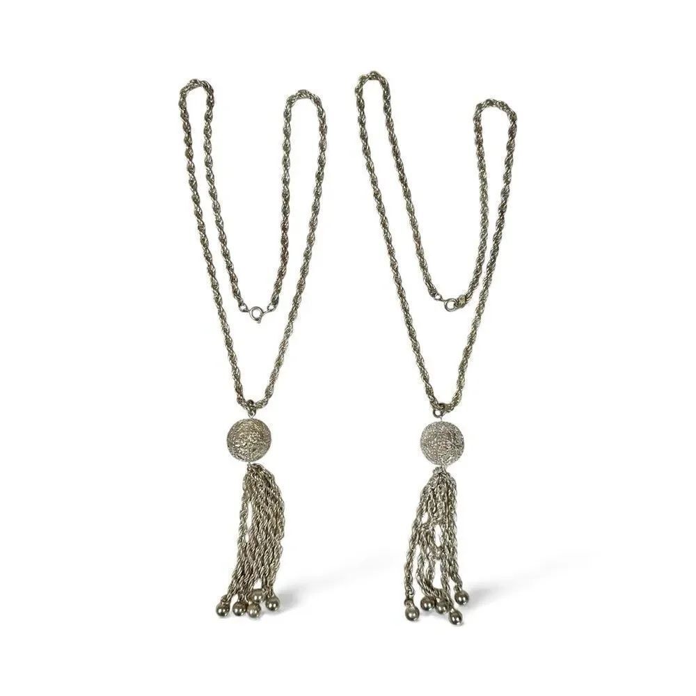 Lot Of 2 Vintage Silver Tone Tassel Ball Pendant Long Rope Chain Necklace